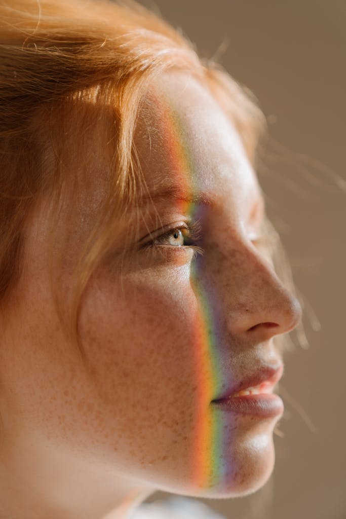 Elegant portrait of a redhead woman with rainbow light across her face, highlighting freckles and beauty.