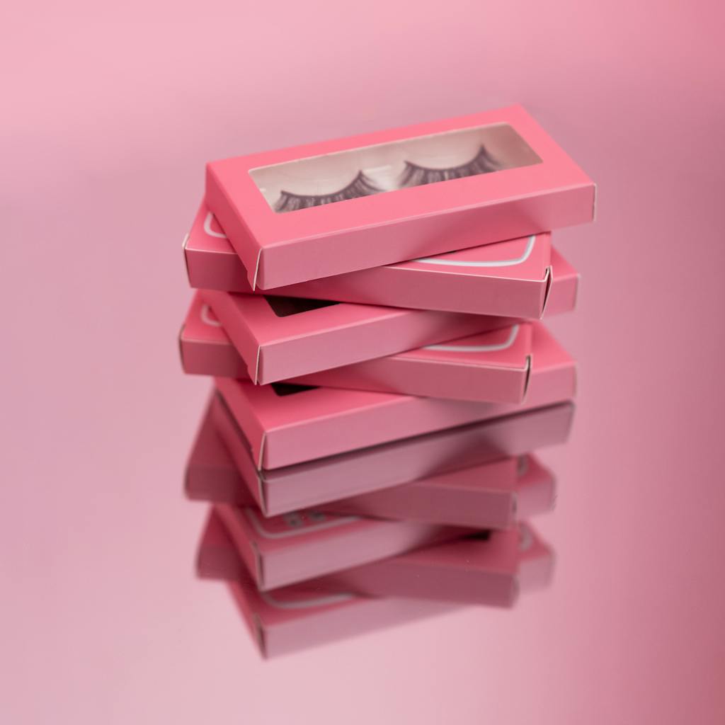 Pink eyelash boxes stacked neatly on a reflective surface, perfect for beauty product branding.